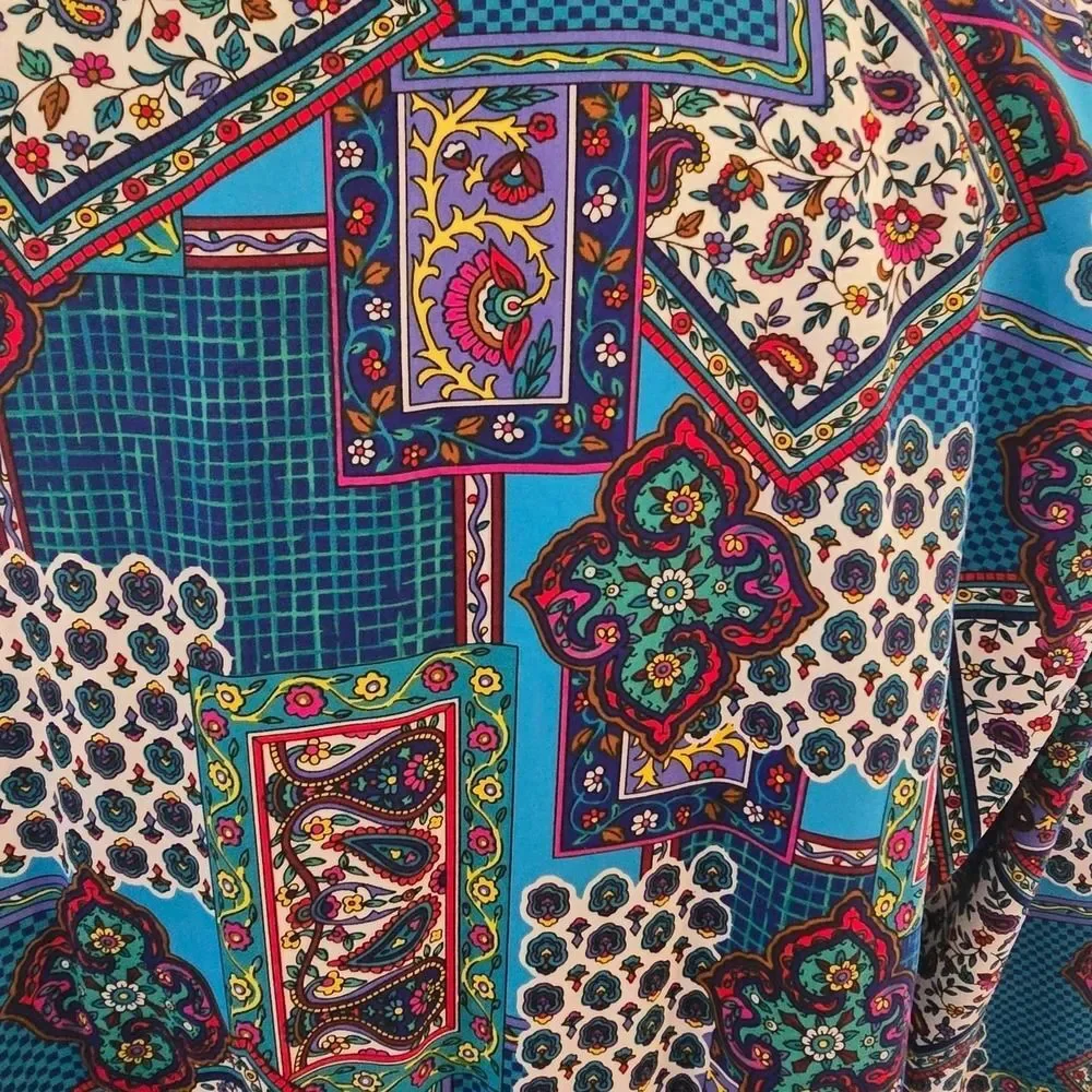 Vintage 80s Schrader Petite Dress Womens 14P Paisley Patchwork Shirtdress Midi